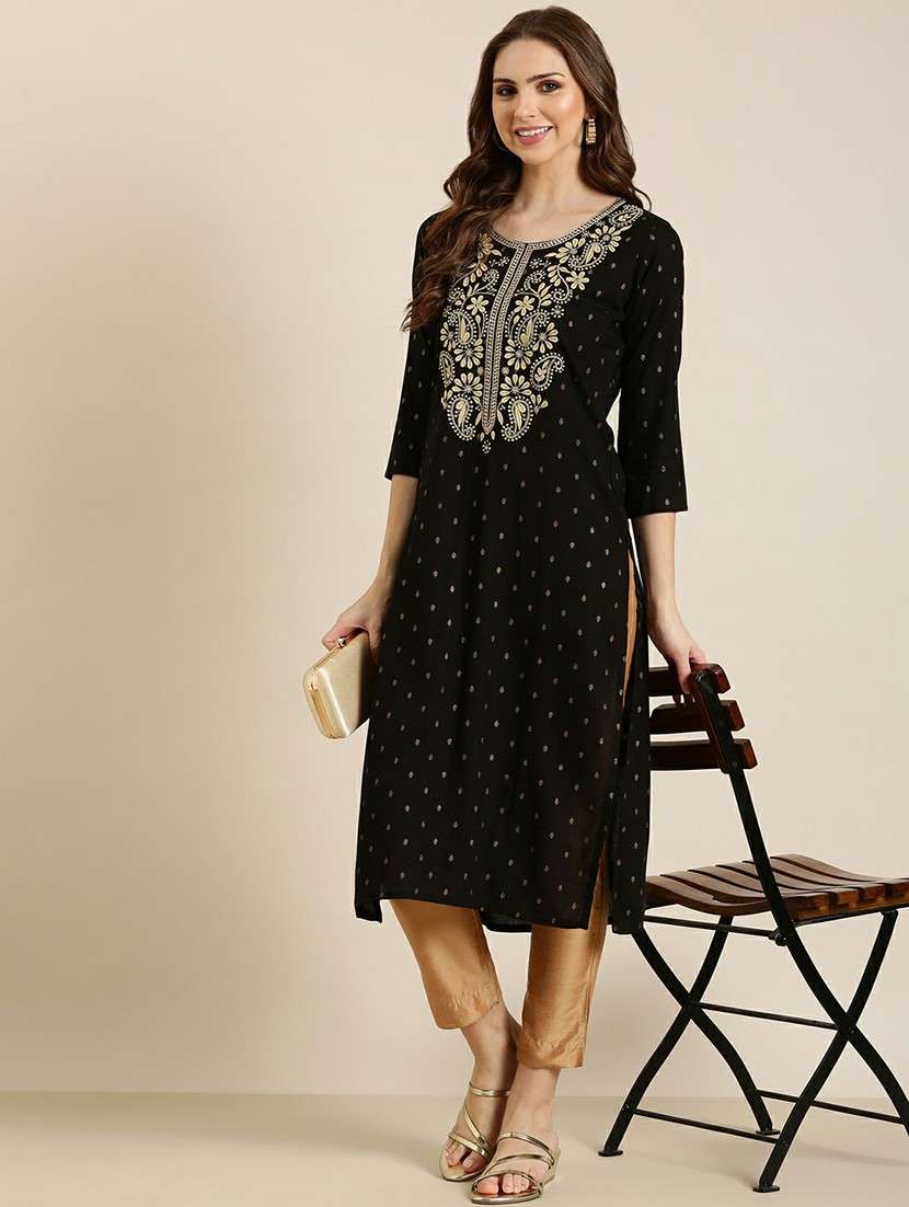 black embroidered straight kurta - 20610465 - Standard Image - 3
