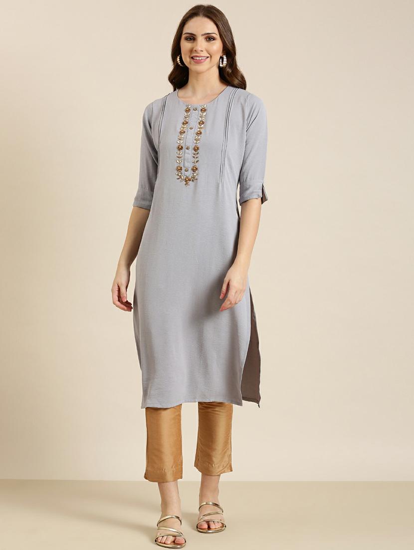 grey crepe straight kurta - 20610467 - Zoom Image - 0