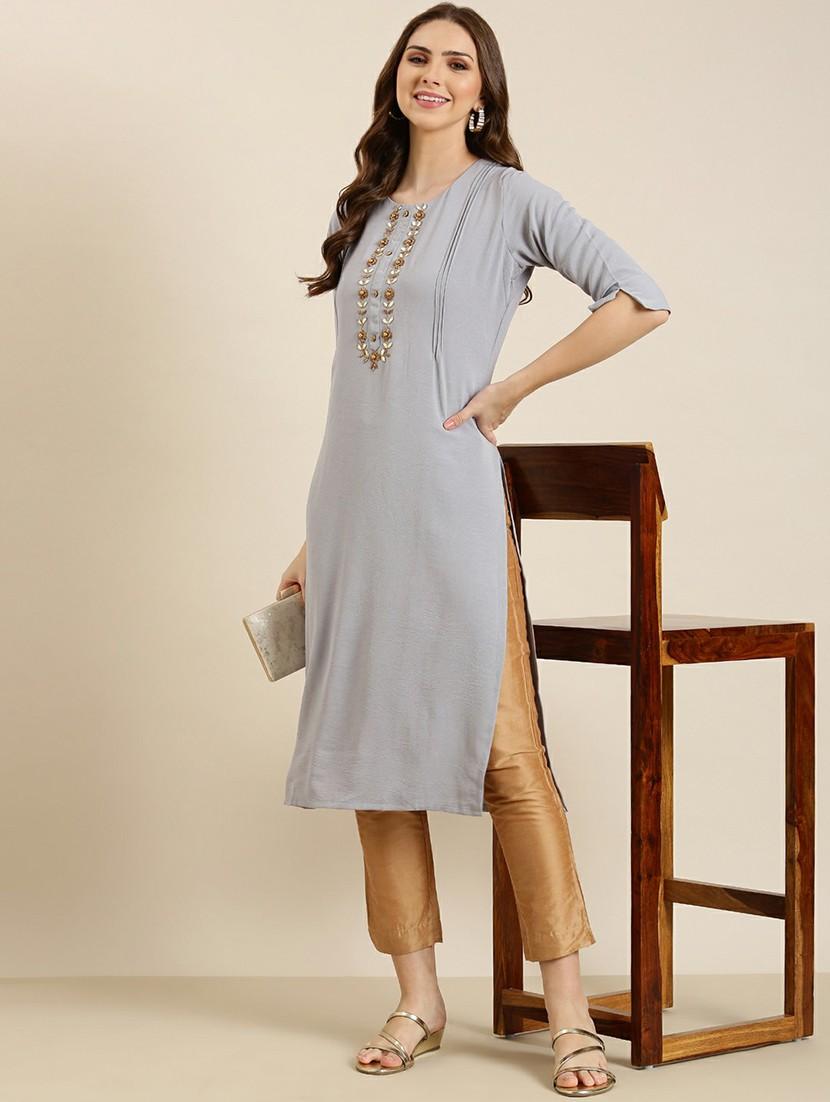 grey crepe straight kurta - 20610467 - Standard Image - 3