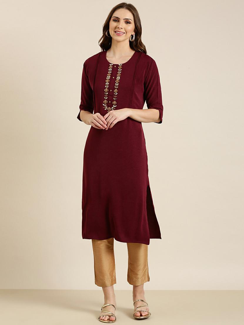 maroon crepe straight kurta - 20610469 - Zoom Image - 0