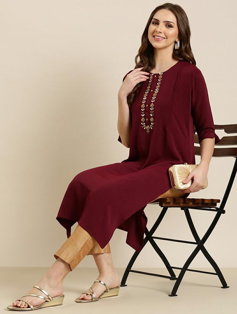 maroon crepe straight kurta - 20610469 - Standard Image - 3