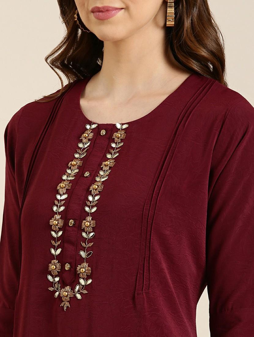 maroon crepe straight kurta - 20610469 - Standard Image - 5