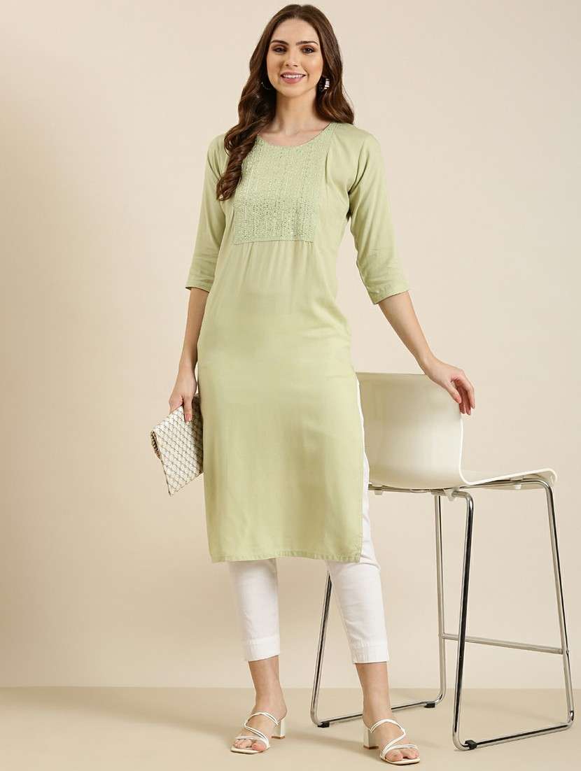 green cotton straight kurta - 20610471 -  Standard Image - 3