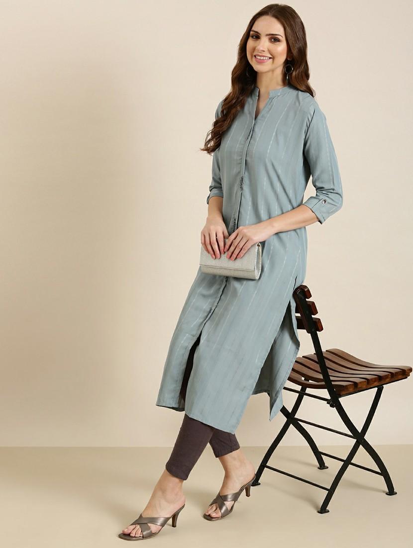 grey striped straight kurta - 20610473 - Standard Image - 3