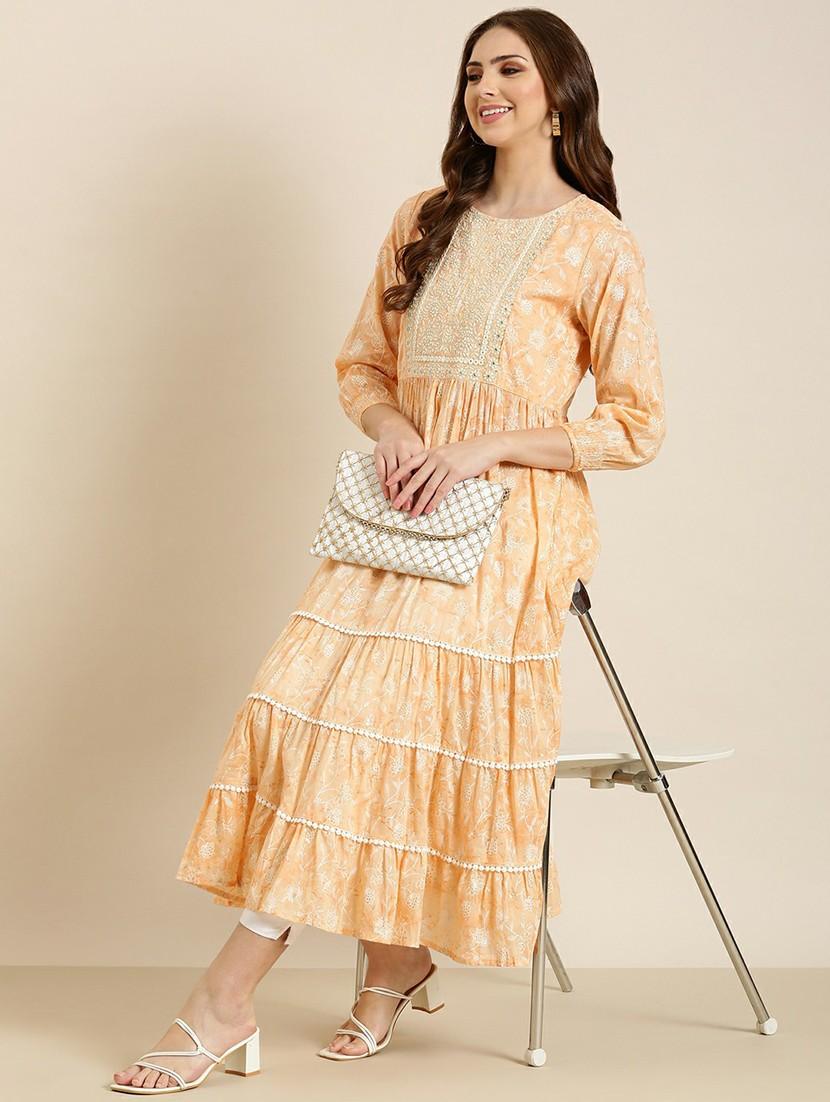 women round neck embroidered tiered kurta - 20610481 - Standard Image - 3