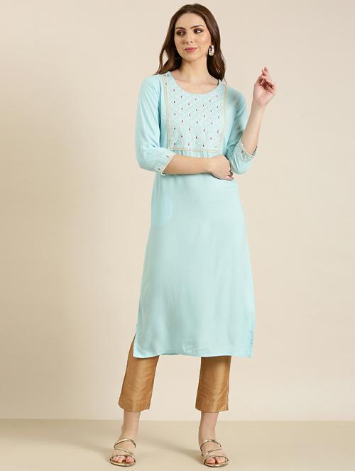 light blue embroidered straight kurta - 20610482 - Standard Image - 0