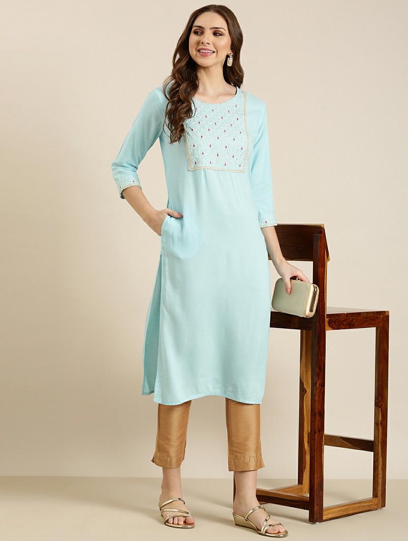 light blue embroidered straight kurta - 20610482 - Standard Image - 3