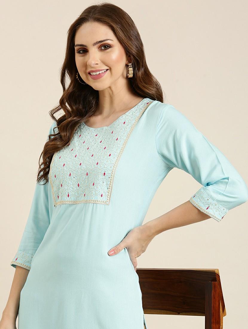 light blue embroidered straight kurta - 20610482 - Standard Image - 5