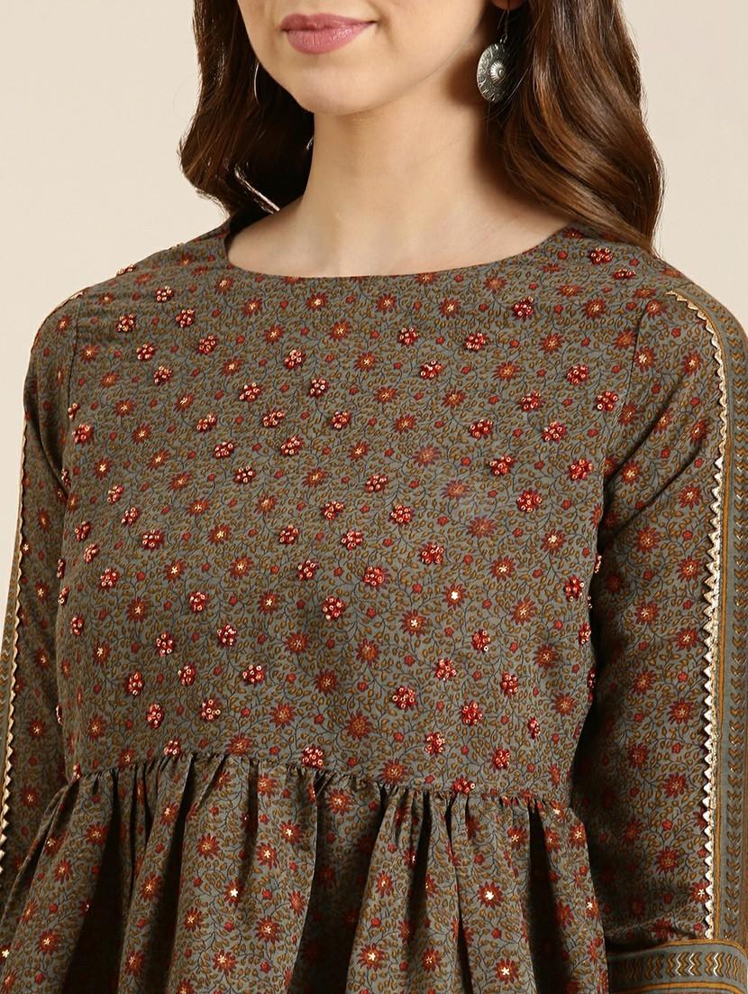 women brown round neck a-line kurti - 20610487 - Standard Image - 5