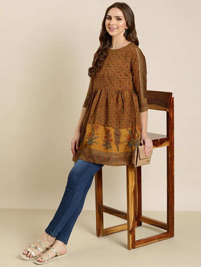 women mustard round neck a-line kurti - 20610488 - Standard Image - 3