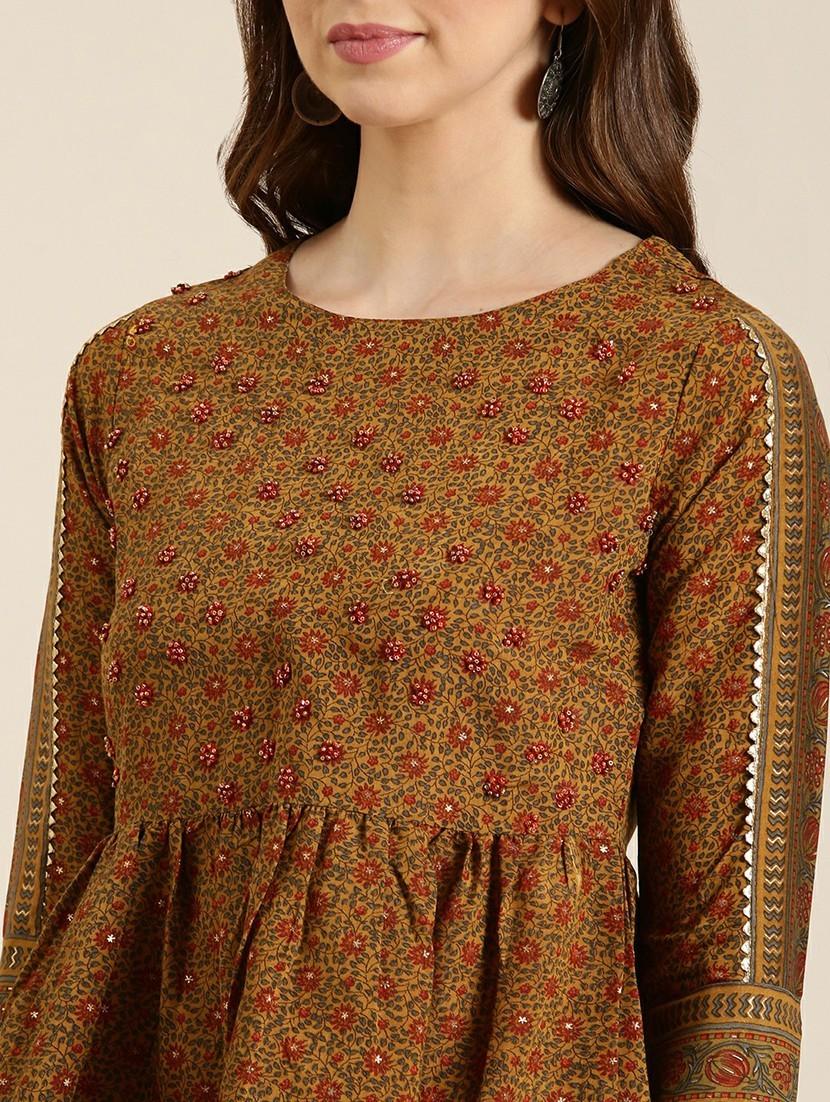 women mustard round neck a-line kurti - 20610488 - Standard Image - 5