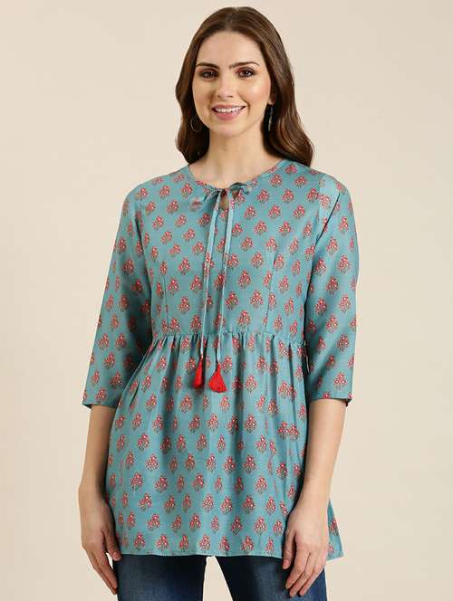 women light blue tie-up-neck a-line  kurti - 20610490 -  Standard Image - 0