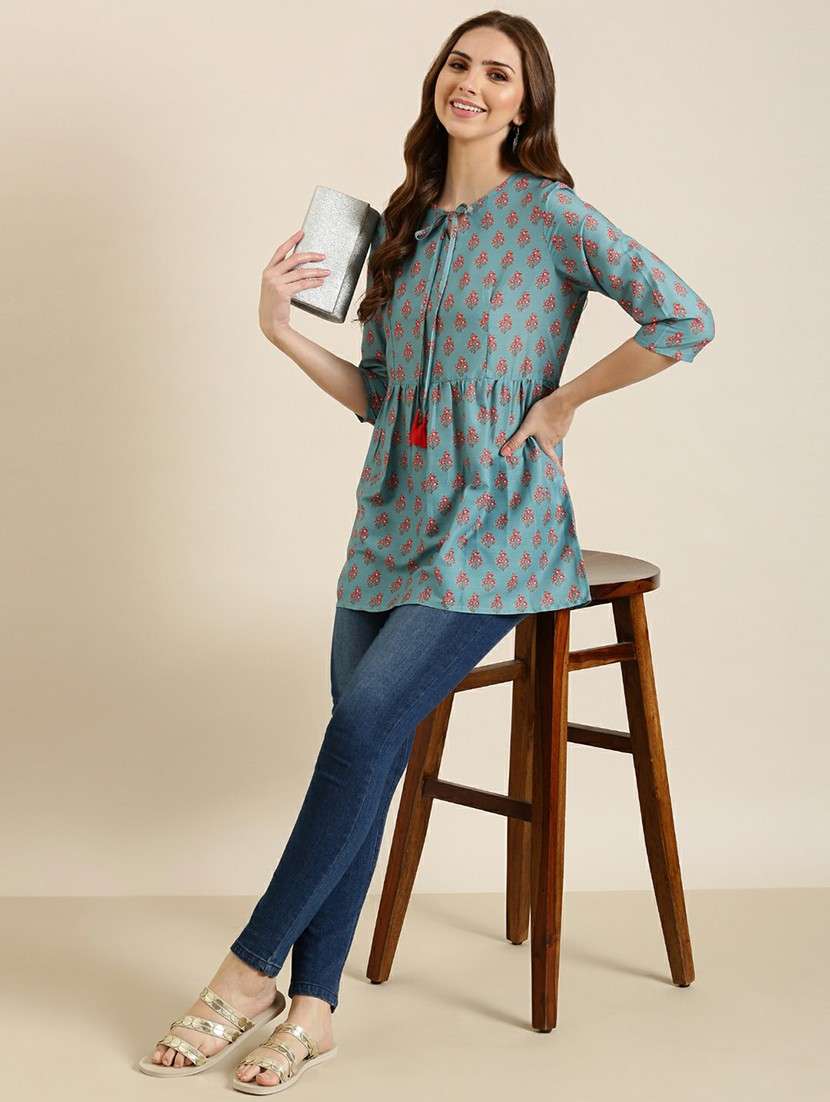 women light blue tie-up-neck a-line kurti - 20610490 - Standard Image - 3