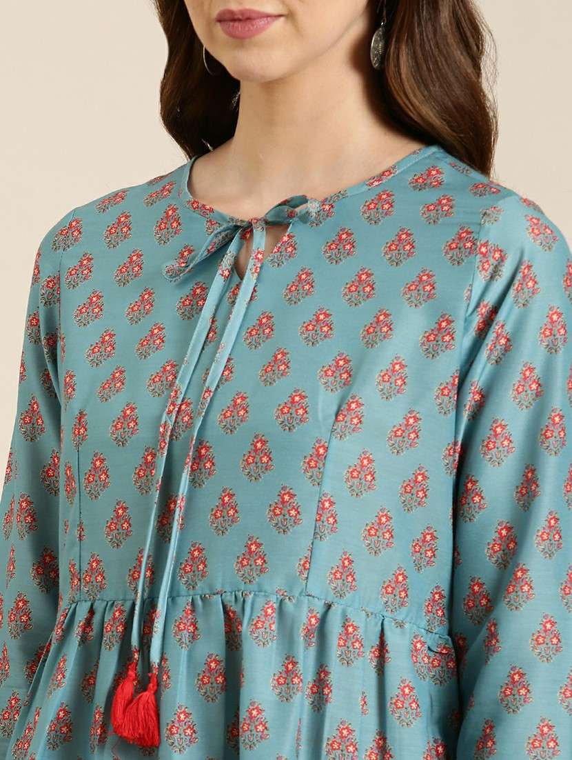 women light blue tie-up-neck a-line kurti - 20610490 - Standard Image - 5