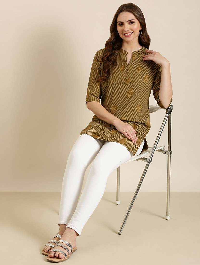 women olive mandarin neck straight kurti - 20610491 -  Standard Image - 3