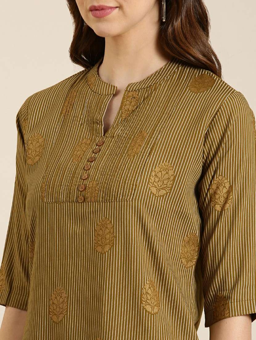 women olive mandarin neck straight kurti - 20610491 -  Standard Image - 5