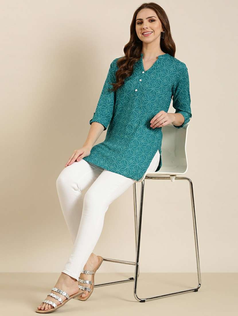 women turquoise mandarin neck straight kurti - 20610493 -  Standard Image - 3