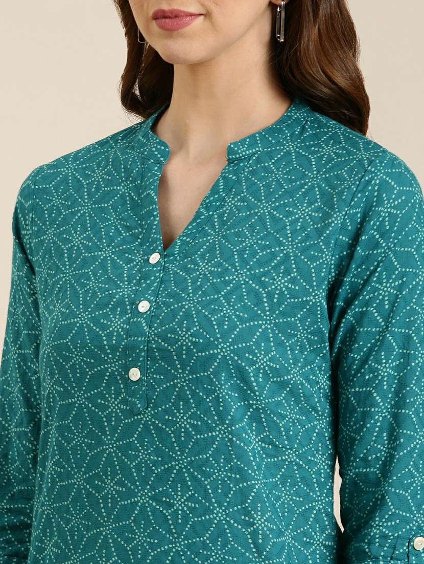 women turquoise mandarin neck straight kurti - 20610493 -  Standard Image - 5