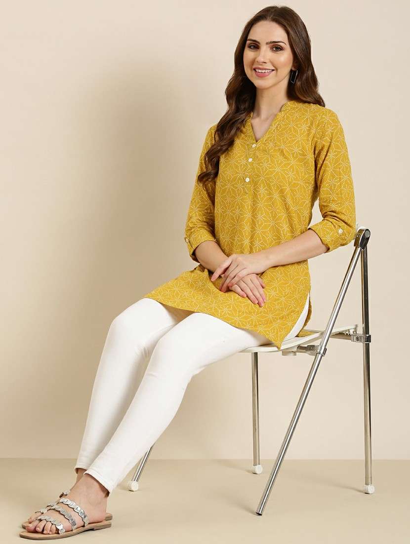 women mustard mandarin neck straight kurti - 20610495 -  Standard Image - 3