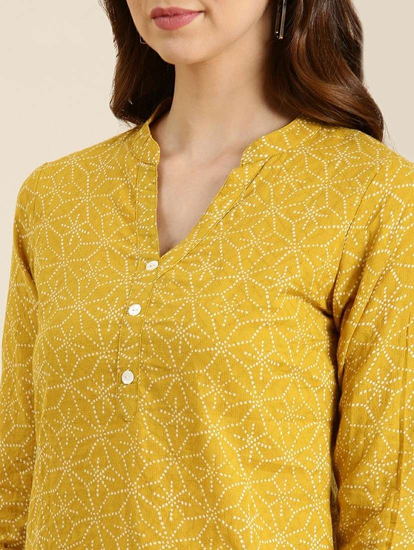 women mustard mandarin neck straight kurti - 20610495 -  Standard Image - 5