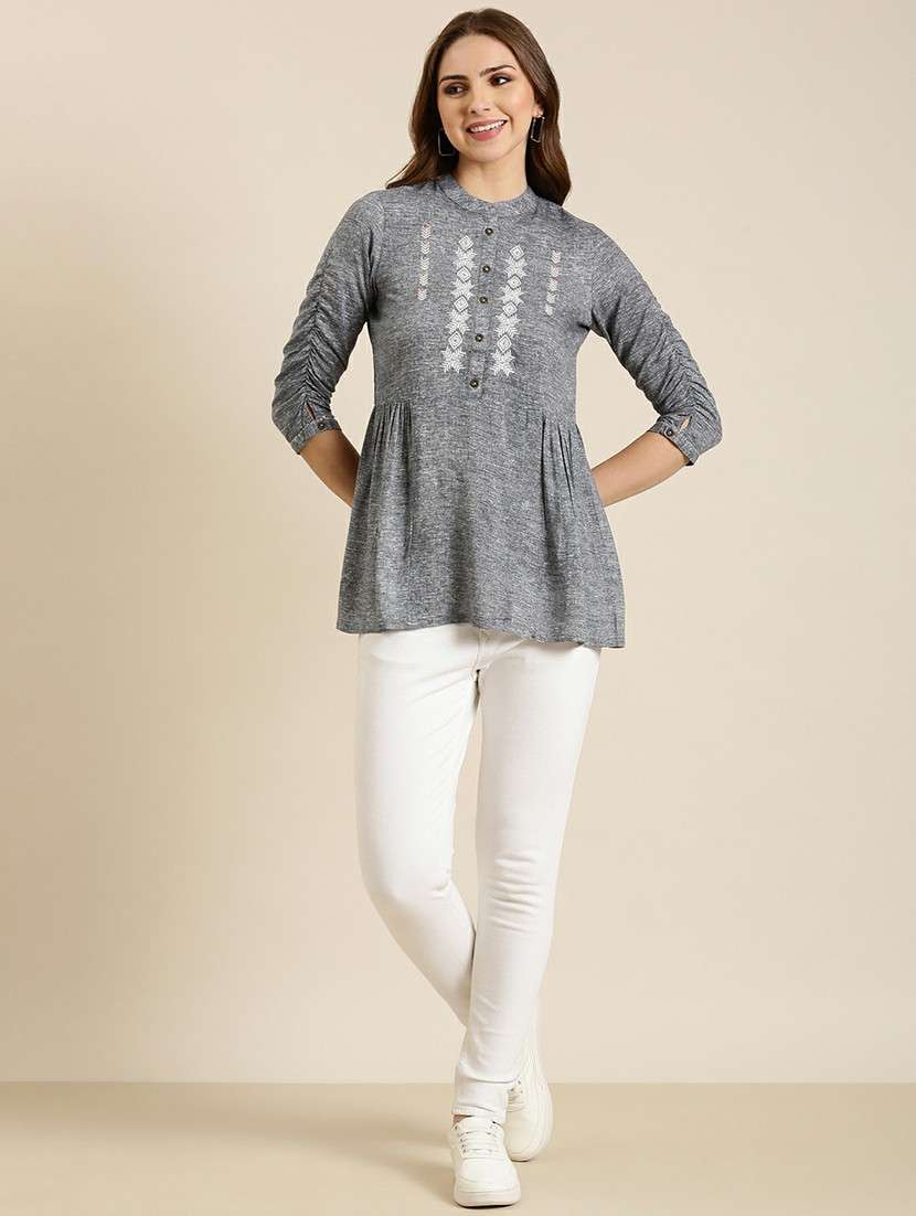 women grey mandarin neck a-line kurti - 20610499 -  Standard Image - 3