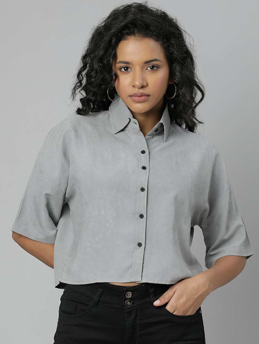 women grey solid crop shirt - 20610512 -  Zoom Image - 0