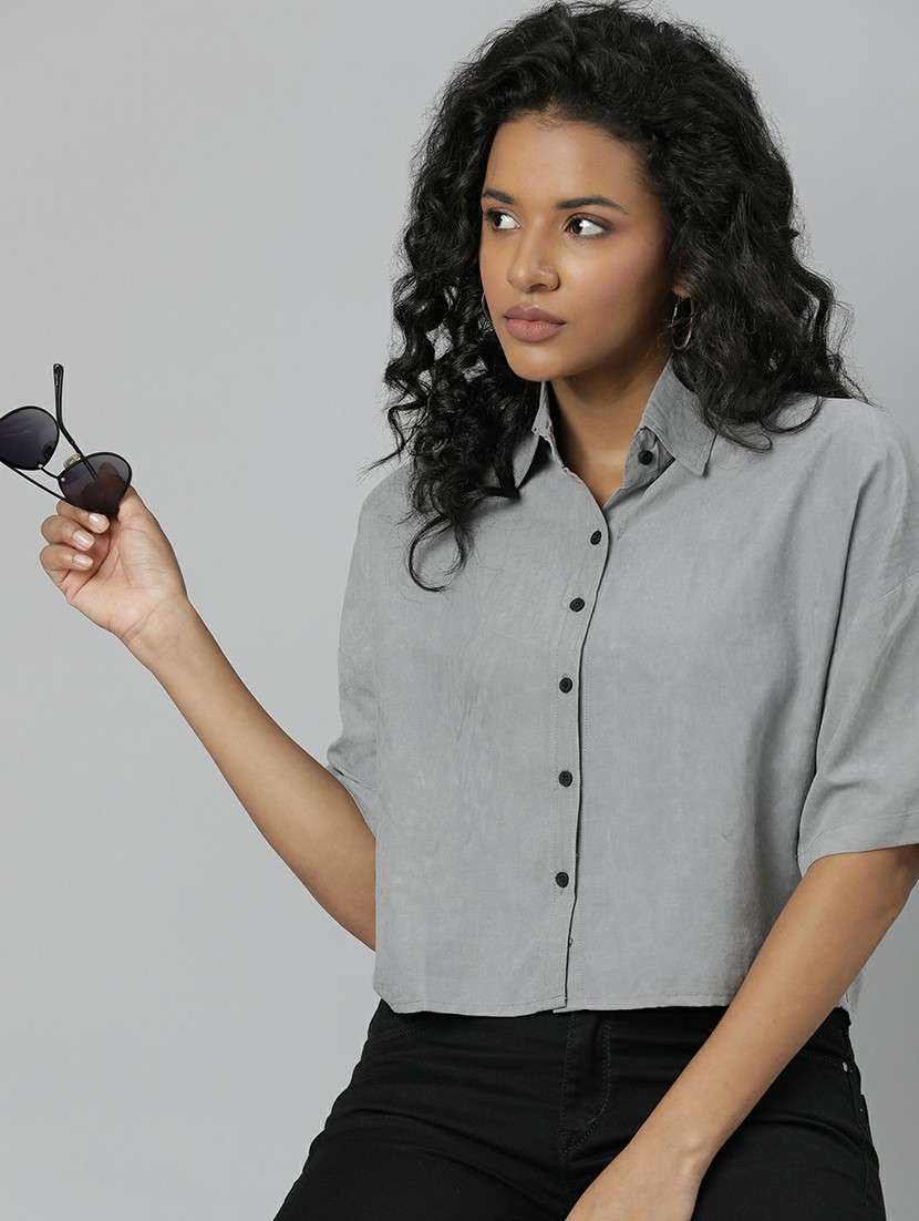 women grey solid crop shirt - 20610512 -  Standard Image - 3
