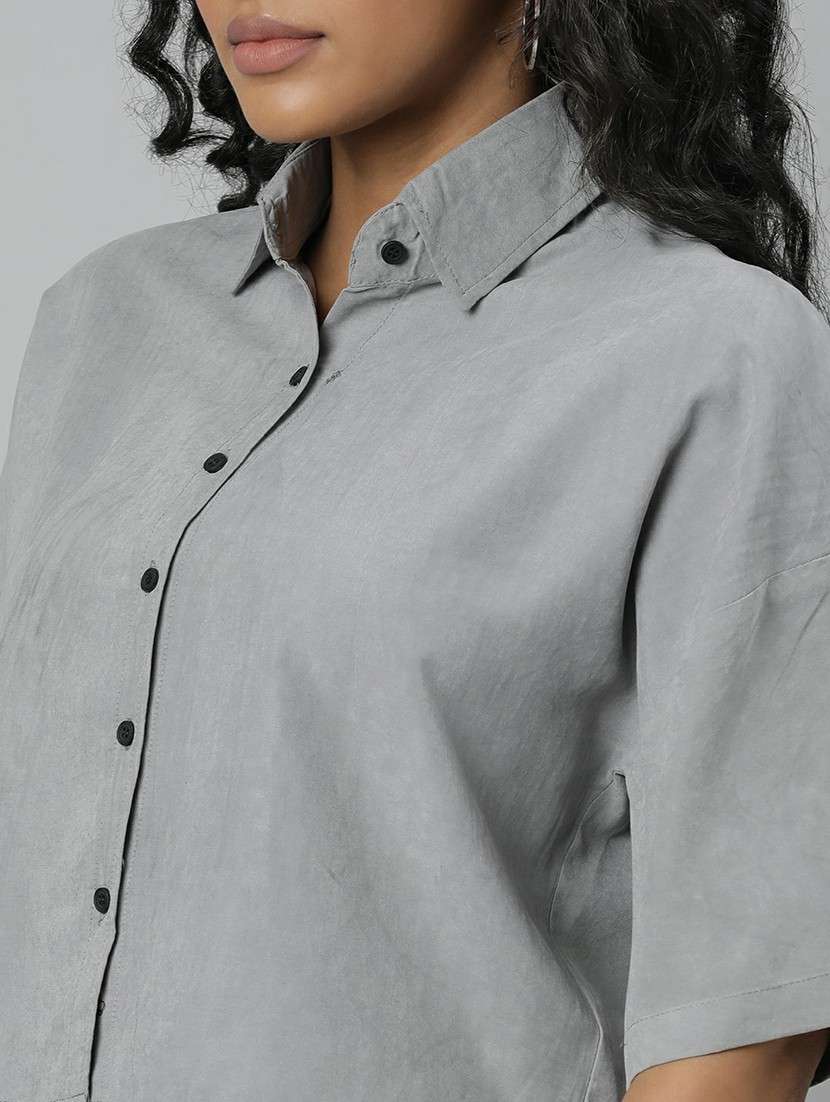 women grey solid crop shirt - 20610512 -  Standard Image - 5