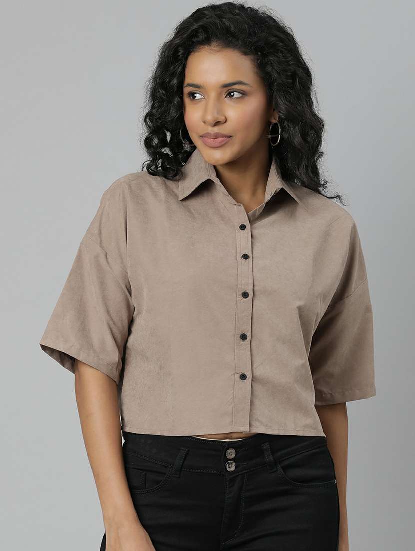 women taupe solid crop shirt