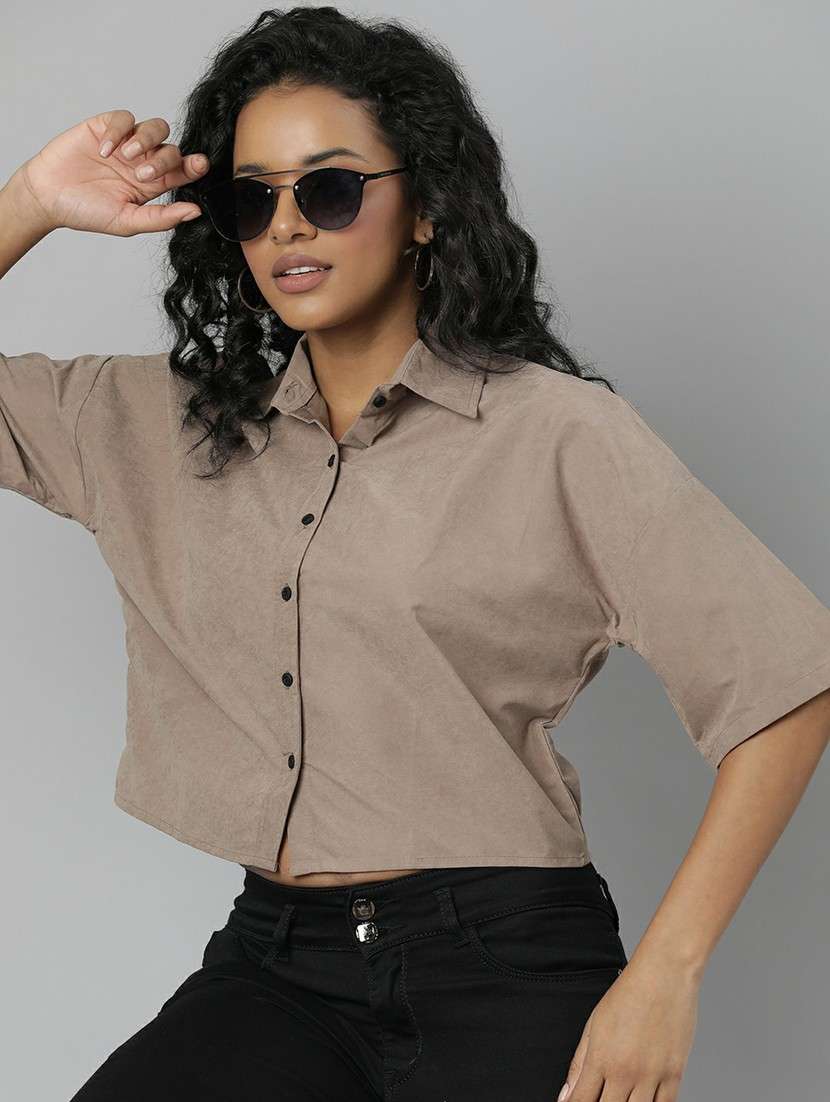 women taupe solid crop shirt - 20610513 -  Standard Image - 3