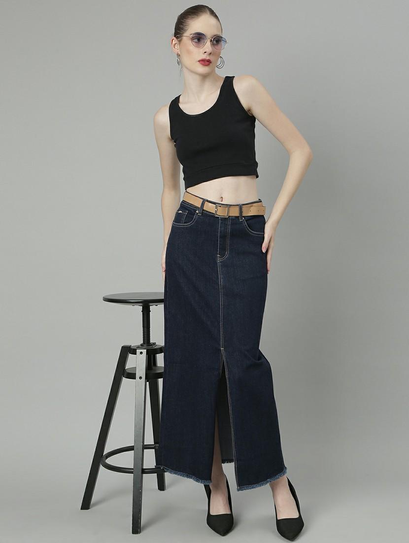 women high rise solid pencil denim skirt - 20610549 - Standard Image - 3