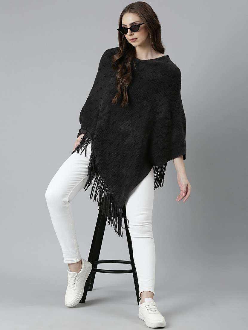 women grey self designed poncho - 20610558 -  Standard Image - 3