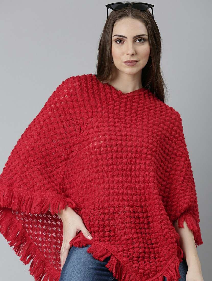 women red self designed poncho - 20610560 -  Standard Image - 3