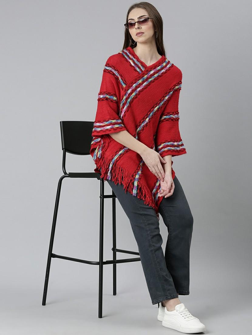 women red self designed poncho - 20610566 - Standard Image - 3
