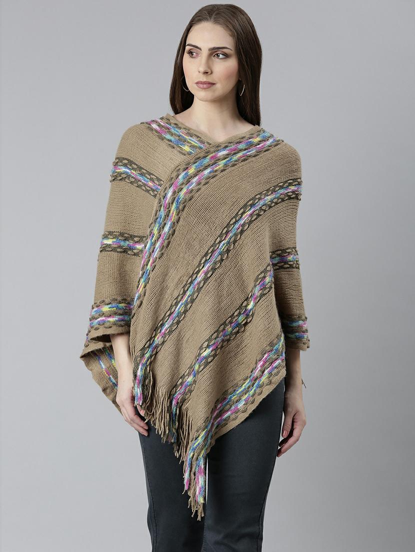 women khaki self designed poncho - 20610567 - Zoom Image - 0