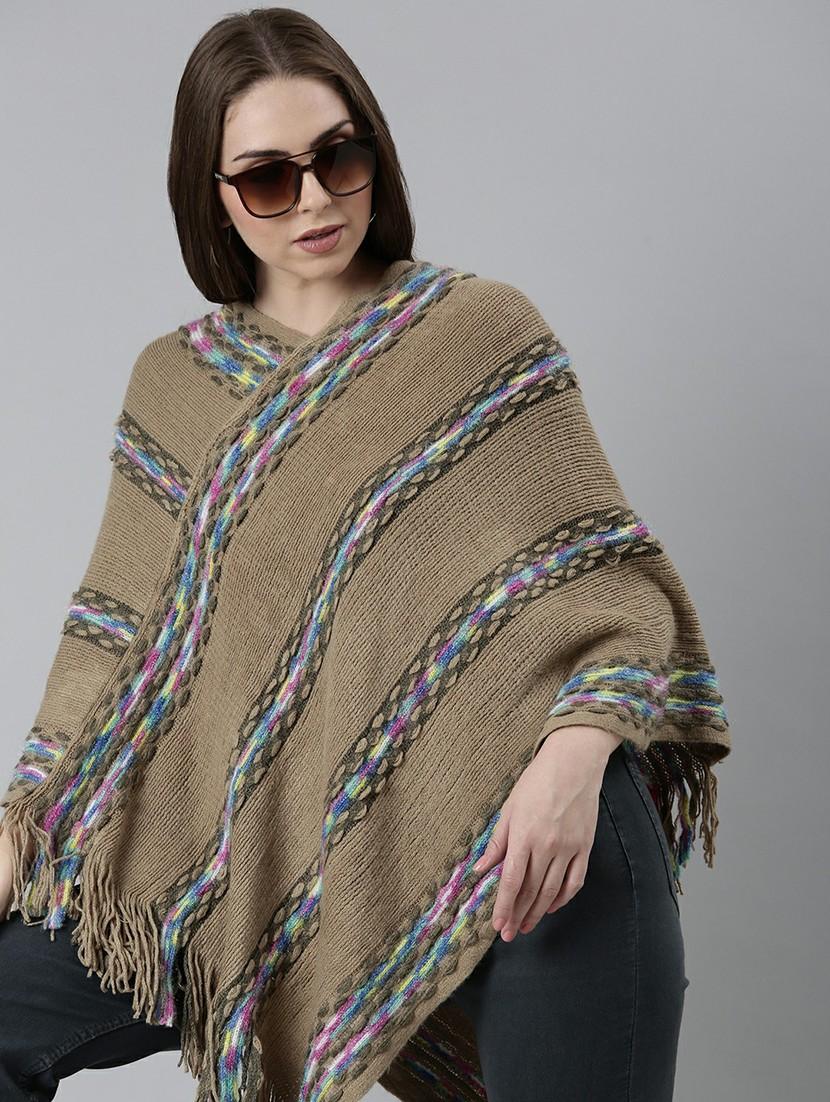 women khaki self designed poncho - 20610567 - Standard Image - 3