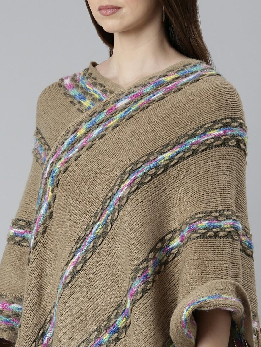 women khaki self designed poncho - 20610567 - Standard Image - 5