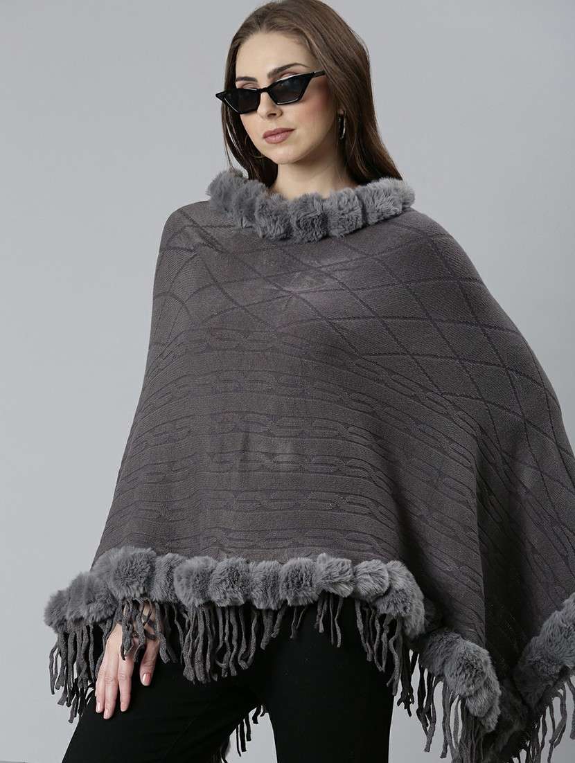women grey self designed poncho - 20610595 -  Standard Image - 3