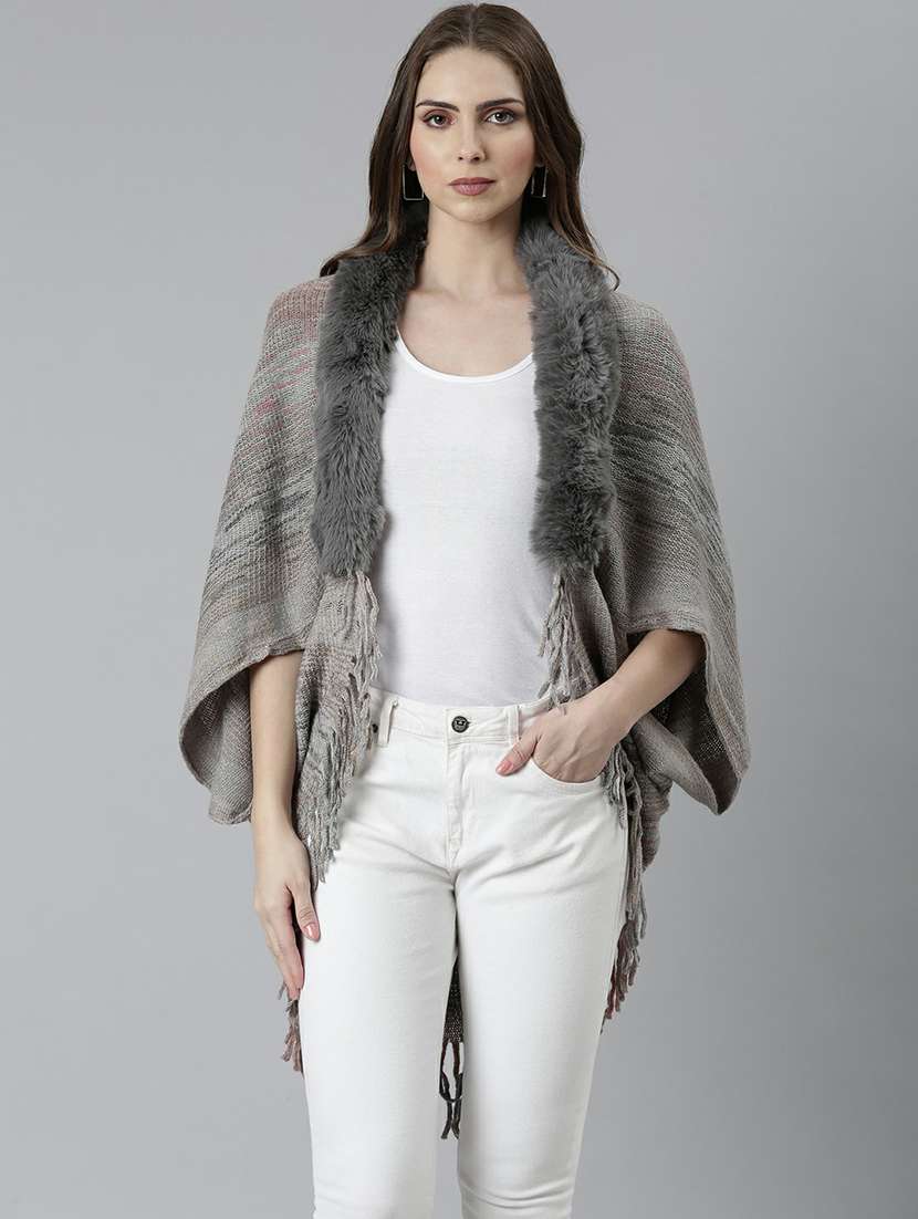 women grey collarless acrylic poncho - 20610606 -  Zoom Image - 0