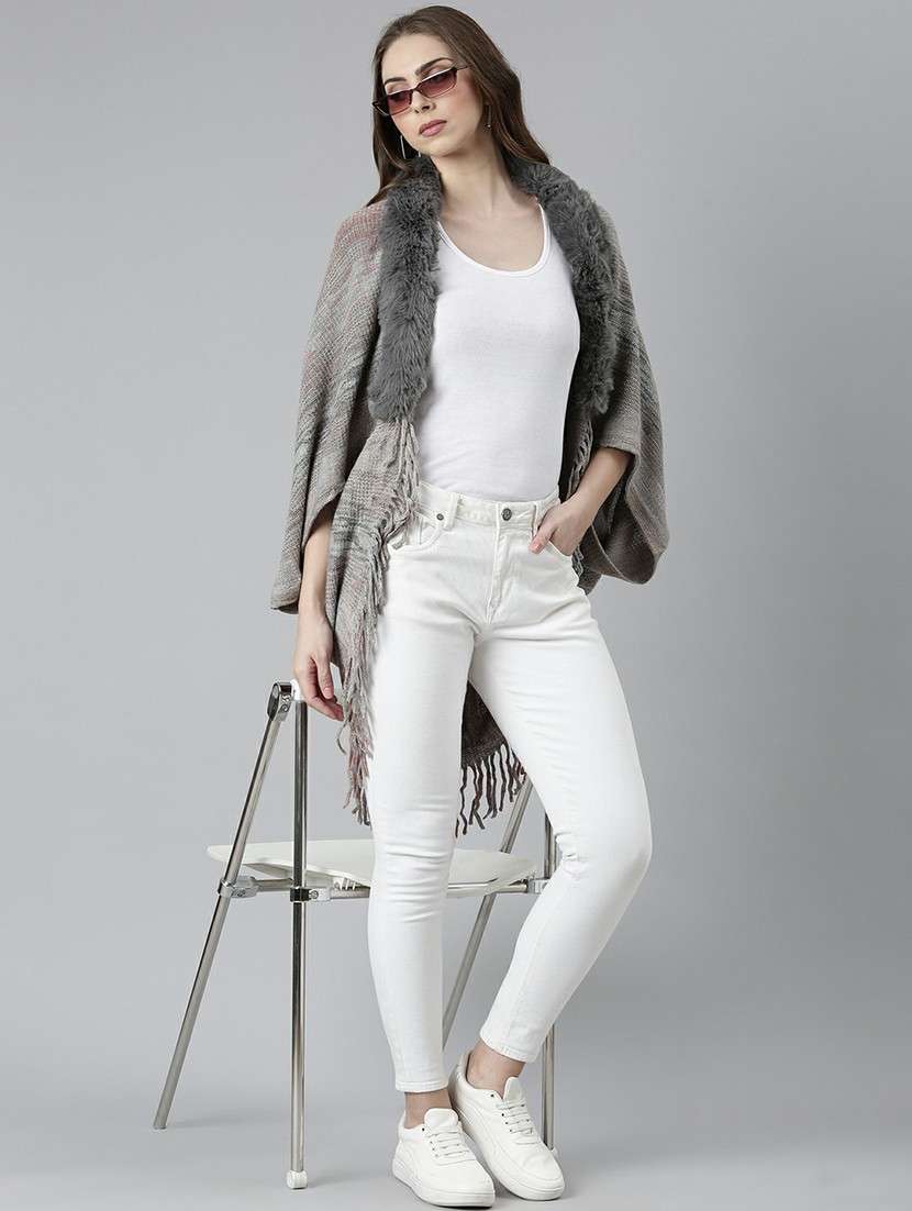 women grey collarless acrylic poncho - 20610606 -  Standard Image - 3