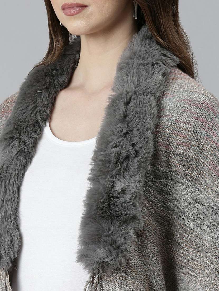 women grey collarless acrylic poncho - 20610606 -  Standard Image - 5