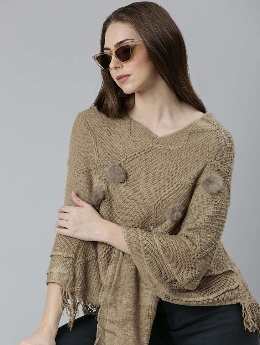 women khaki acrylic poncho - 20610620 -  Standard Image - 3