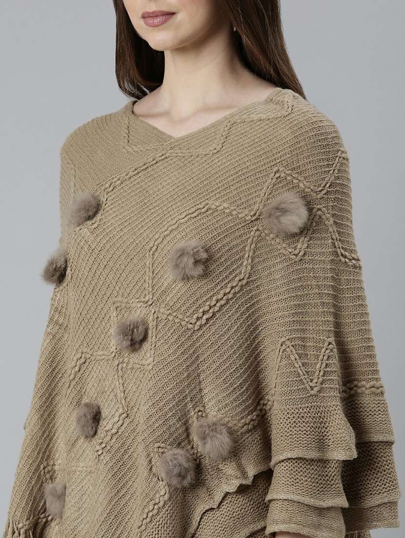 women khaki acrylic poncho - 20610620 -  Standard Image - 5