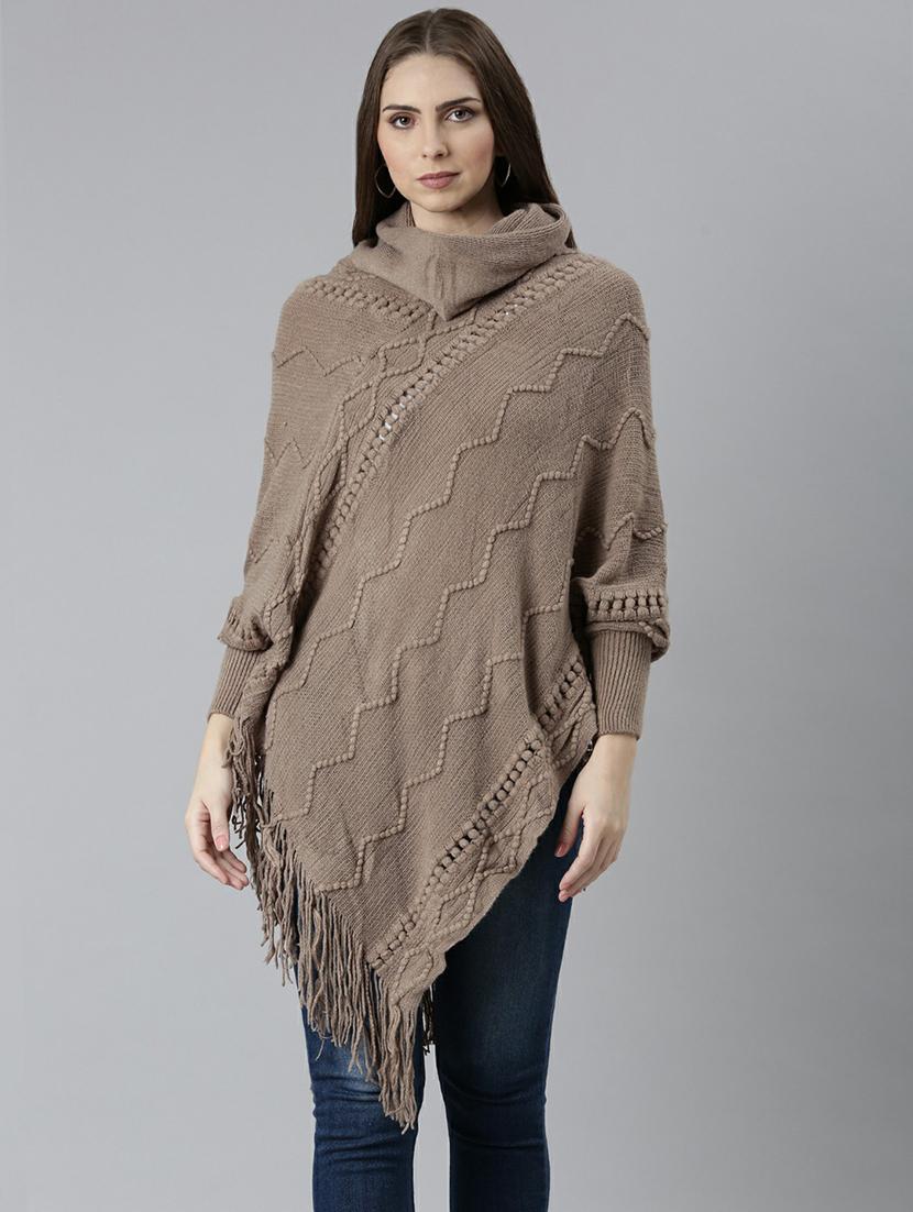 women taupe cowl neck acrylic poncho - 20610622 - Zoom Image - 0