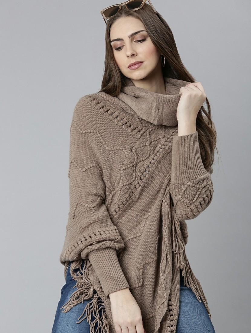 women taupe cowl neck acrylic poncho - 20610622 - Standard Image - 3