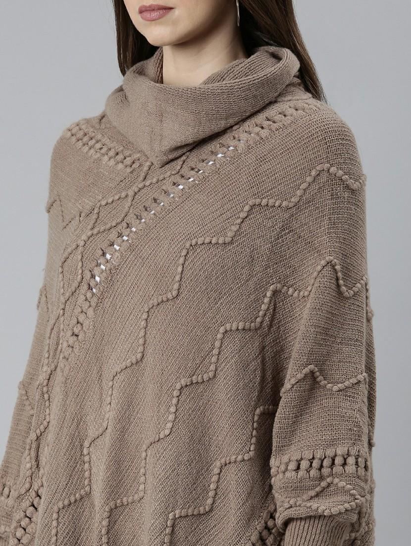 women taupe cowl neck acrylic poncho - 20610622 - Standard Image - 5