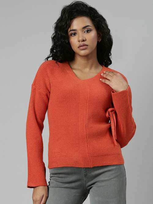 solid orange long sleeves v neck casual top - 20610659 -  Standard Image - 0
