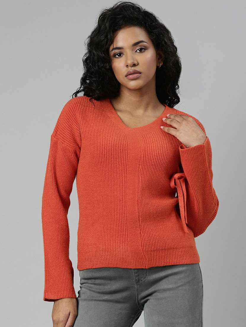 solid orange long sleeves v neck casual top - 20610659 -  Zoom Image - 0