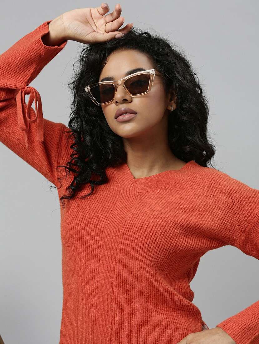solid orange long sleeves v neck casual top - 20610659 -  Standard Image - 3