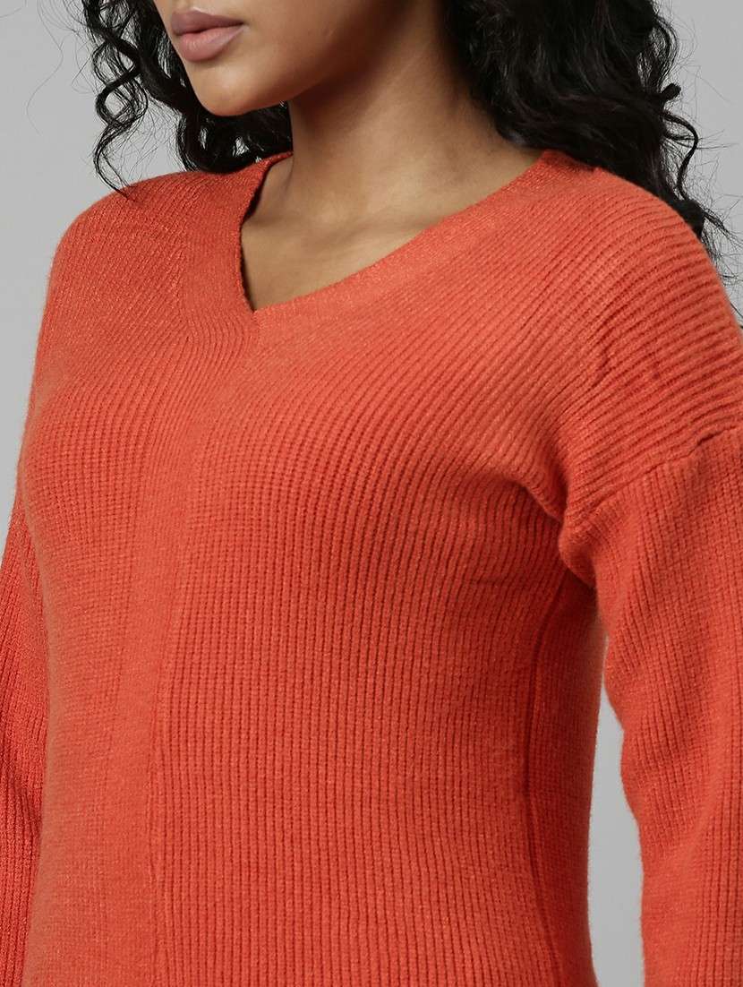 solid orange long sleeves v neck casual top - 20610659 -  Standard Image - 5
